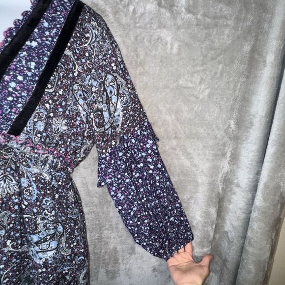 Btfl-Life Boho Maxi Dress Velvet Trim V Neck Empire Waist Paisley Sz Sm Cottage - Picture 4 of 12